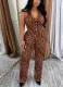 Sexy Button Halter Neck Top Elastic Waist Pants Leopard Print Two-Piece Set
