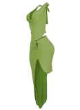 Sexy Solid Color Sleeveless Backless Top High Slit Skirt Two Piece Set Wholesale