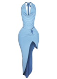 Sexy Solid Color Sleeveless Backless Top High Slit Skirt Two Piece Set Wholesale
