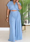 Casual Holiday Style Lapel Short Top High Waist Wide Leg Pants Two Piece Set Wholesale