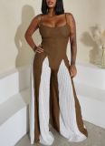 Sexy Hollow Wide-leg Knitted Suspenders Stitching Contrast Color Jumpsuit