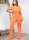 Comfortable and Casual Elastic Fringe Top and Trousers Two-piece Set