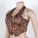 Sexy Button Halter Neck Top Elastic Waist Pants Leopard Print Two-Piece Set