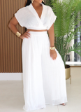 Casual Holiday Style Lapel Short Top High Waist Wide Leg Pants Two Piece Set Wholesale