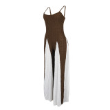 Sexy Hollow Wide-leg Knitted Suspenders Stitching Contrast Color Jumpsuit