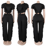 Comfortable and Casual Elastic Fringe Top and Trousers Two-piece Set