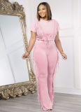 Comfortable and Casual Elastic Fringe Top and Trousers Two-piece Set