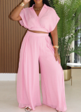 Casual Holiday Style Lapel Short Top High Waist Wide Leg Pants Two Piece Set Wholesale