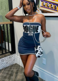 Fashionable and Sexy Tube Top Letter Print Slim Short Dress
