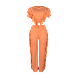 Comfortable and Casual Elastic Fringe Top and Trousers Two-piece Set