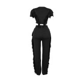 Comfortable and Casual Elastic Fringe Top and Trousers Two-piece Set