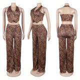 Sexy Button Halter Neck Top Elastic Waist Pants Leopard Print Two-Piece Set