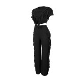Comfortable and Casual Elastic Fringe Top and Trousers Two-piece Set