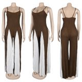 Sexy Hollow Wide-leg Knitted Suspenders Stitching Contrast Color Jumpsuit
