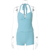 Sexy Backless Lace-up Top and Slim-fit Striped Shorts Set