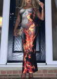 New Sleeveless Flame Print Slim High Waist Long Hip Dress