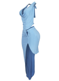 Sexy Solid Color Sleeveless Backless Top High Slit Skirt Two Piece Set Wholesale