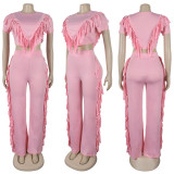 Comfortable and Casual Elastic Fringe Top and Trousers Two-piece Set