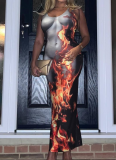 New Sleeveless Flame Print Slim High Waist Long Hip Dress