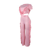 Comfortable and Casual Elastic Fringe Top and Trousers Two-piece Set