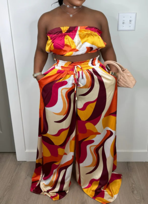 Fashion Print Sexy Wrap Chest Loose Casual Wide Leg Pants Two-Piece Set Wholesale
