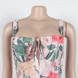 Sexy Slit Skirt Elegant Printed Suspender Dress