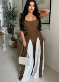 Sexy Hollow Wide-leg Knitted Suspenders Stitching Contrast Color Jumpsuit