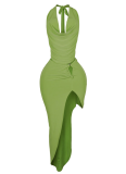 Sexy Solid Color Sleeveless Backless Top High Slit Skirt Two Piece Set Wholesale