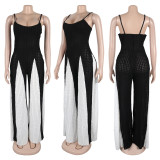 Sexy Hollow Wide-leg Knitted Suspenders Stitching Contrast Color Jumpsuit