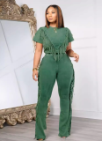 Comfortable and Casual Elastic Fringe Top and Trousers Two-piece Set