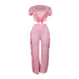 Comfortable and Casual Elastic Fringe Top and Trousers Two-piece Set