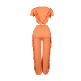 Comfortable and Casual Elastic Fringe Top and Trousers Two-piece Set