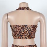 Sexy Button Halter Neck Top Elastic Waist Pants Leopard Print Two-Piece Set