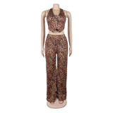 Sexy Button Halter Neck Top Elastic Waist Pants Leopard Print Two-Piece Set