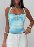 Sexy Backless Lace-up Top and Slim-fit Striped Shorts Set