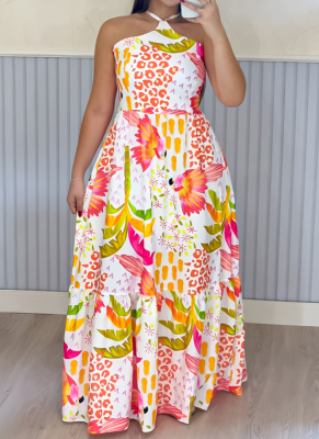Women's Printed Casual Halter Neck Off Shoulder Resort Dress Wholesale
