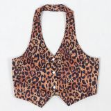 Sexy Button Halter Neck Top Elastic Waist Pants Leopard Print Two-Piece Set