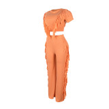Comfortable and Casual Elastic Fringe Top and Trousers Two-piece Set