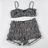 Sexy Plaid Suspender Top Shorts Swimsuit Two Piece Set