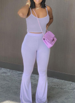 Purple Sleeveless Vest + High Waist Elastic Bell Bottom Pants Casual Two Piece Set Wholesale