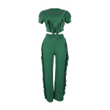 Comfortable and Casual Elastic Fringe Top and Trousers Two-piece Set