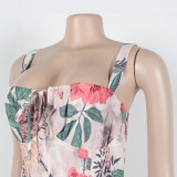 Sexy Slit Skirt Elegant Printed Suspender Dress