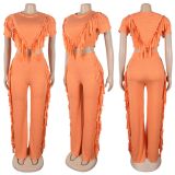 Comfortable and Casual Elastic Fringe Top and Trousers Two-piece Set
