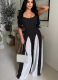 Sexy Hollow Wide-leg Knitted Suspenders Stitching Contrast Color Jumpsuit