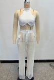 Fashionable Solid Color Halter Neck Tube Top Hollow Pocket Trousers Suit