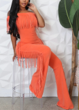 Fashion New Solid Color One-shoulder Neck Tassel Jumpsuit