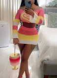 Fashionable Hand-crocheted Love Woolen Multi-color Slim Hip Skirt Two-piece Set