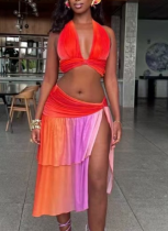 Sexy Beach Vacation Halter Neck Sling Slit Contrast Color Two-Piece Set