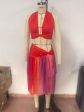 Sexy Beach Vacation Halter Neck Sling Slit Contrast Color Two-Piece Set