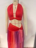 Sexy Beach Vacation Halter Neck Sling Slit Contrast Color Two-Piece Set
